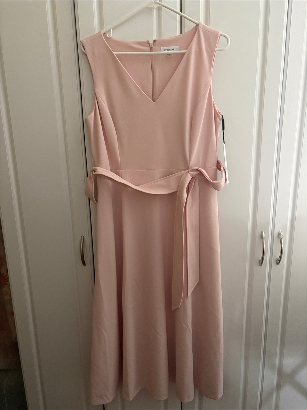 Calvin Klein Pale Pink V-Neck Sleeveless Midi Dress with Waist Tie